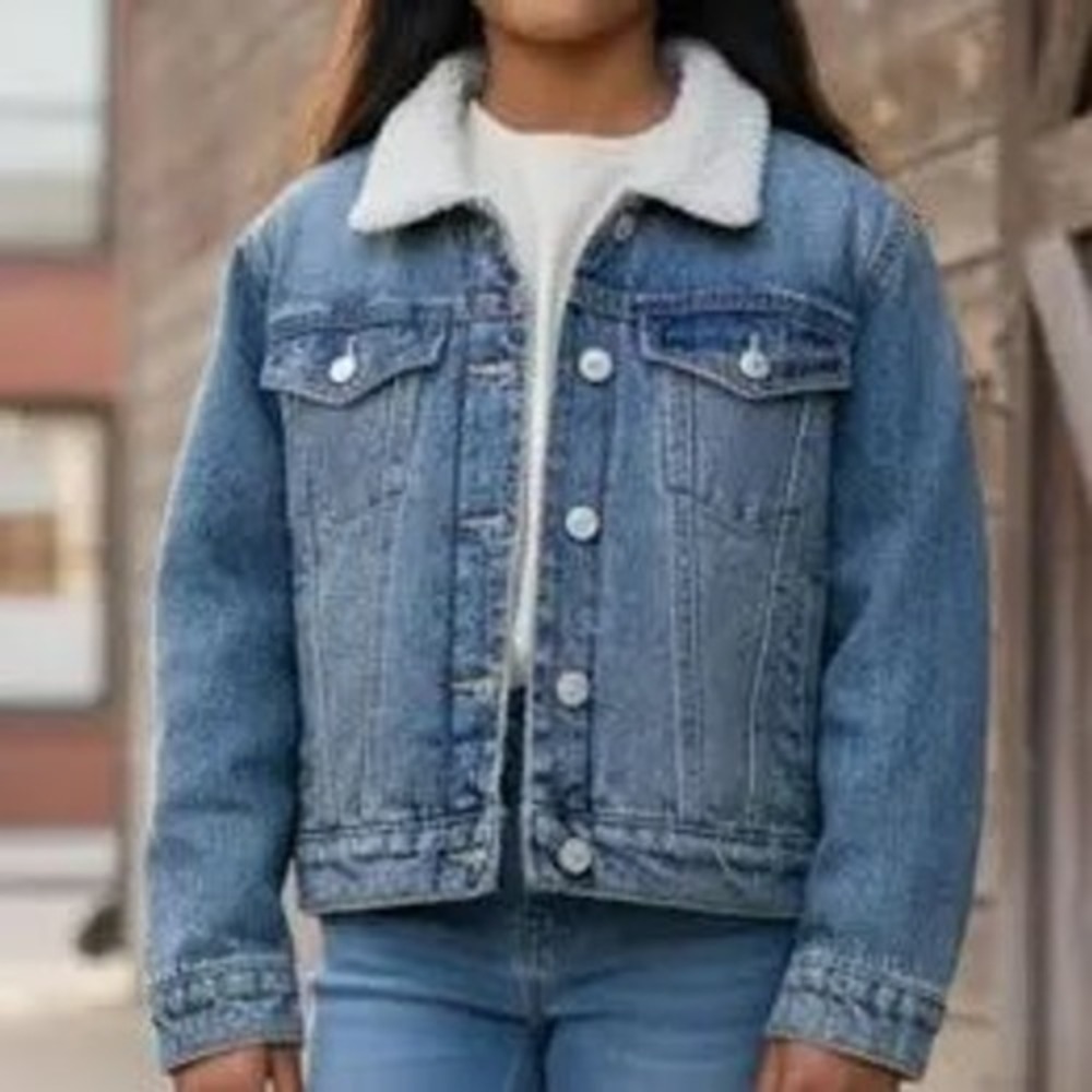 Old Navy Kids Medium Wash Denim Sherpa Lined Trucker Jacket Blue Size M 8